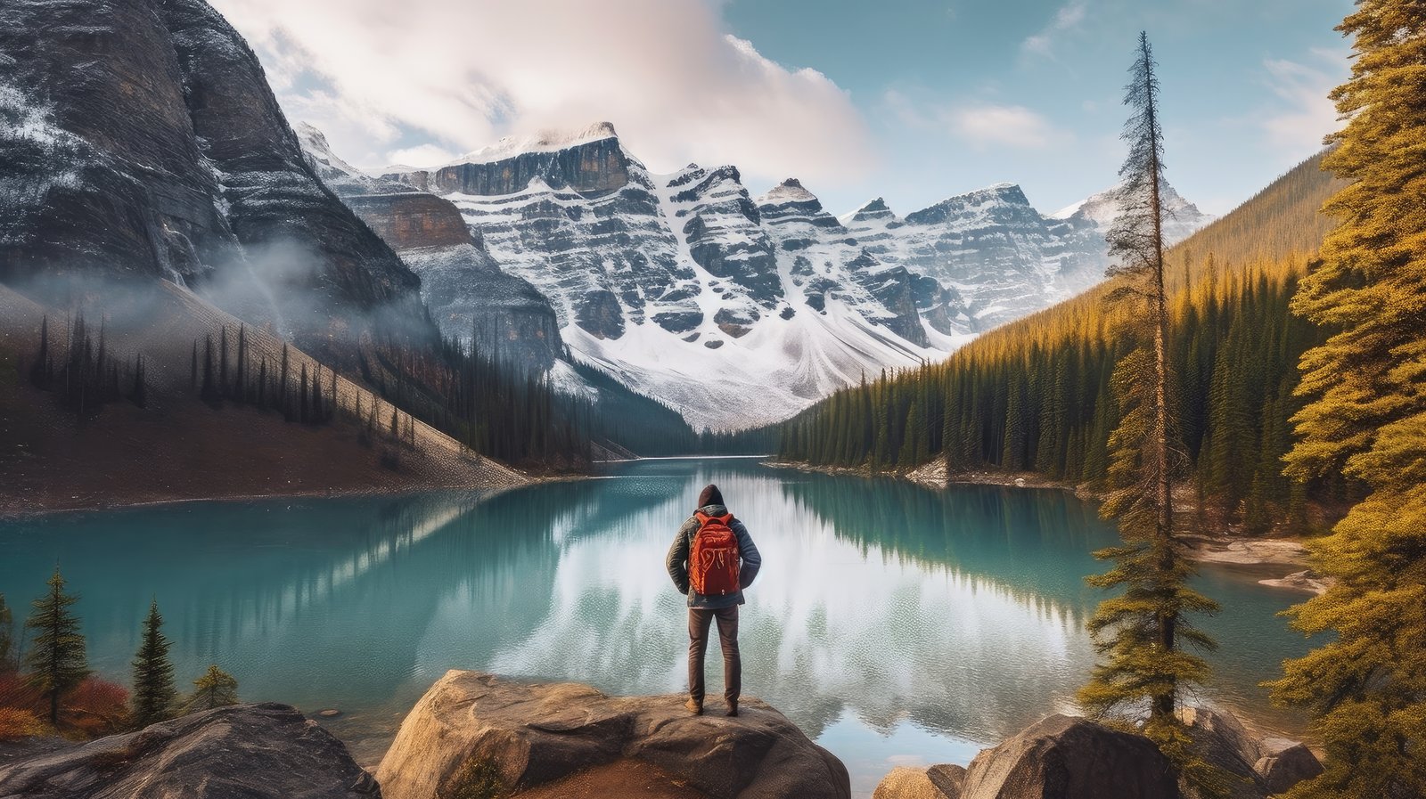Traveller overlooking a turquoise alpine lake and snow-capped mountains, representing the bucket-list destinations Mélange Digital's travel marketing agency helps promote
